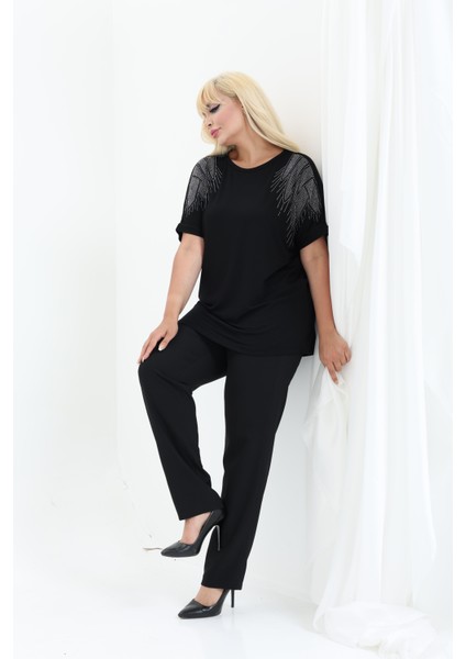 Bambu Bluz Yarasa Kol Taş Detaylı M-6XL