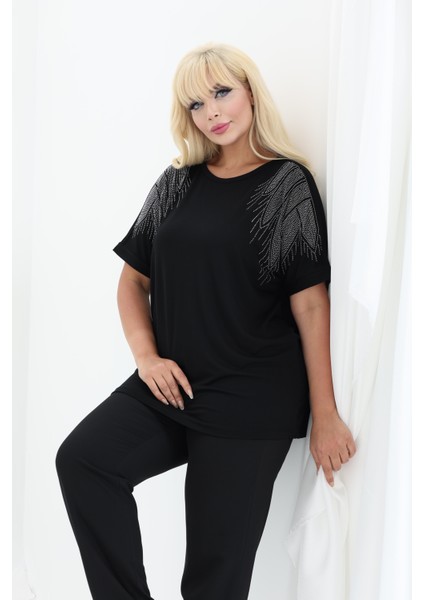 Bambu Bluz Yarasa Kol Taş Detaylı M-6XL