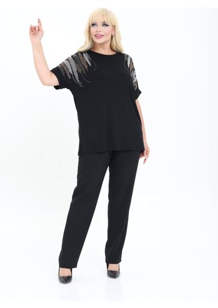 Bambu Bluz Yarasa Kol Taş Detaylı M-6xl