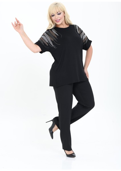 Bambu Bluz Yarasa Kol Taş Detaylı M-6xl