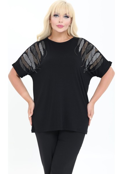 Bambu Bluz Yarasa Kol Taş Detaylı M-6xl