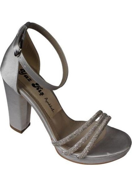 Yazkış Kadın Siyah Gümüş Saten 3bantlı Taşlı 10CM Kalın Topuk 2cm Platform Topuk Abiye Ayakkabı