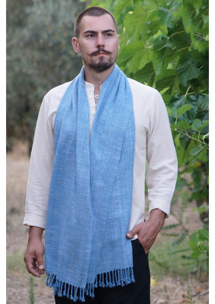 %100 Barış Ipeği El Dokuması Kaşkol 45 x 200 cm - Açık Mavi