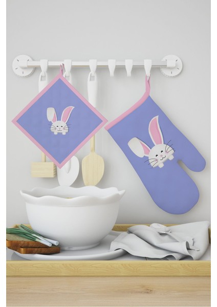 Mor tavşan desenli el ve tutacak seti, şık ve kullanışlı mutfak aksesuarı