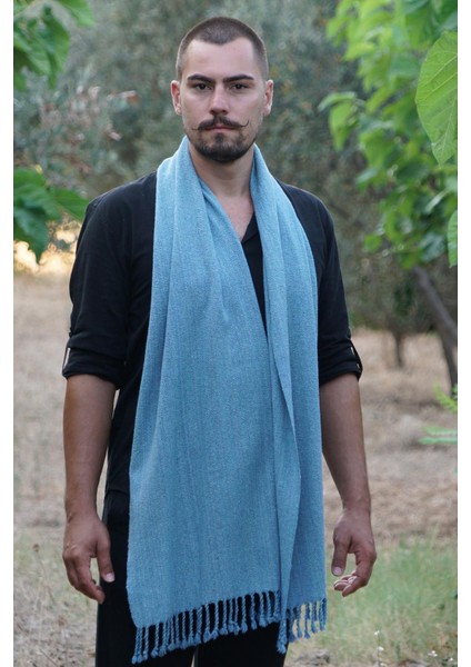 %100 Barış Ipeği El Dokuması Kaşkol 45 x 200 cm - Mavi