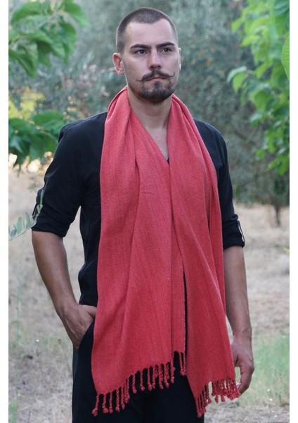 %100 Barış Ipeği El Dokuması Kaşkol 45 x 200 cm - Kırmızı