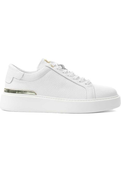 Erkek Beyaz Bağcıklı Kalın Tabanlı Deri Sneaker