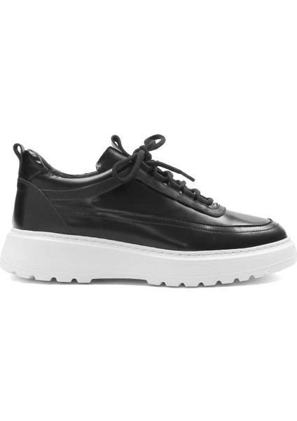 Erkek Siyah Bağcıklı Kalın Tabanlı Açma Deri Sneaker