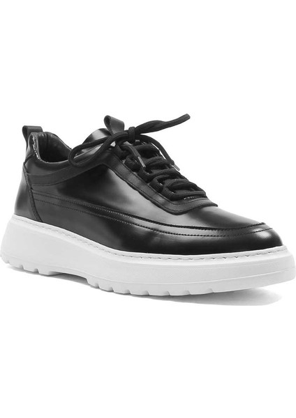 Erkek Siyah Bağcıklı Kalın Tabanlı Açma Deri Sneaker
