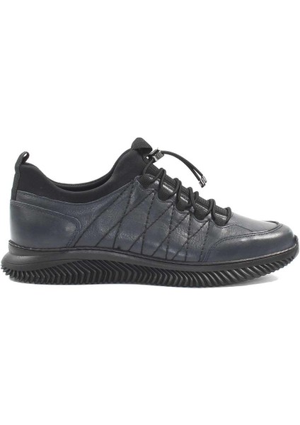 Erkek Lacivert Bağcıklı Kalın Tabanlı Deri Sneaker
