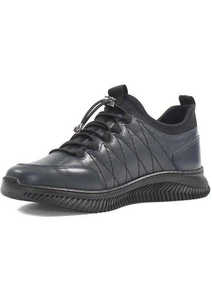 Erkek Lacivert Bağcıklı Kalın Tabanlı Deri Sneaker fırsatları