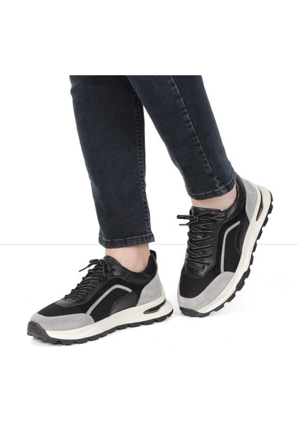 Erkek Siyah Gri Bağcıklı Süet Deri Sneaker