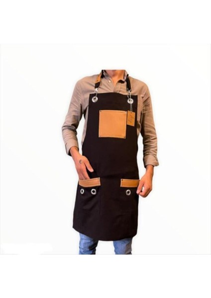 Şık ve kullanışlı askılı kahve detaylı önlük, pamuk, 75x55, siyah, restoran ve cafe şefleri için