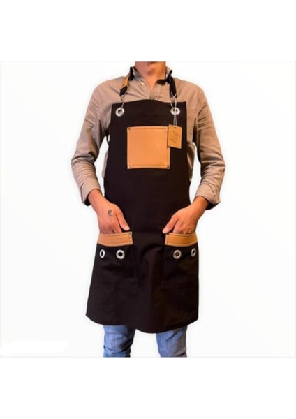 Şık ve kullanışlı askılı kahve detaylı önlük, pamuk, 75x55, siyah, restoran ve cafe şefleri için fiyatları