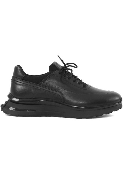 Erkek Siyah Bağcıklı Kalın Tabanlı Deri Sneaker
