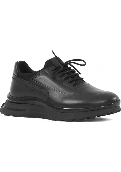 Erkek Siyah Bağcıklı Kalın Tabanlı Deri Sneaker
