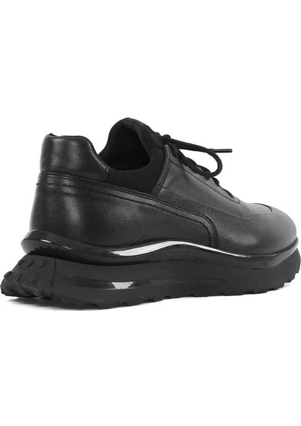 Erkek Siyah Bağcıklı Kalın Tabanlı Deri Sneaker