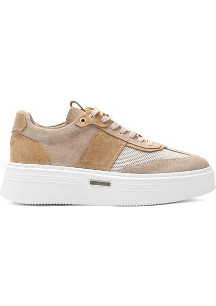 Erkek Bej Bağcıklı Kalın Tabanlı Süet Deri Sneaker
