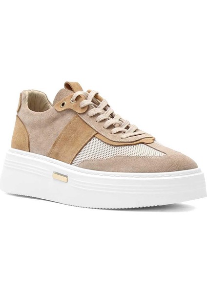 Erkek Bej Bağcıklı Kalın Tabanlı Süet Deri Sneaker