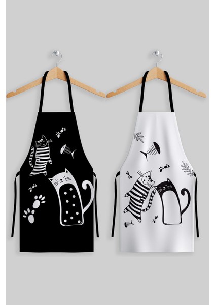 Şık Siyah Beyaz Kedi Desenli Yetişkin Mutfak Önlüğü Seti, 55x69 cm fiyatları