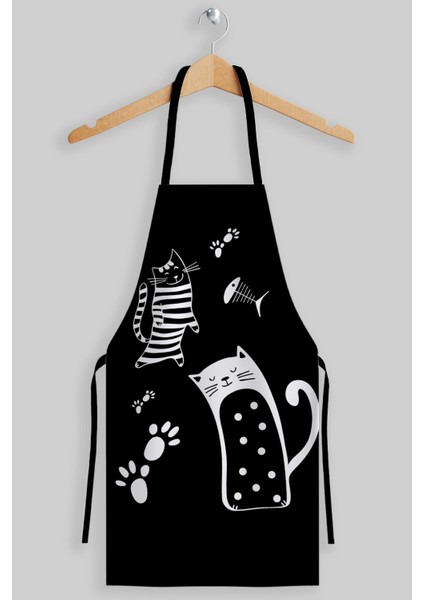 Şık Siyah Beyaz Kedi Desenli Yetişkin Mutfak Önlüğü Seti, 55x69 cm modelleri