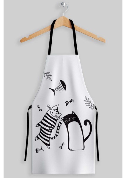 Şık Siyah Beyaz Kedi Desenli Yetişkin Mutfak Önlüğü Seti, 55x69 cm fırsatları