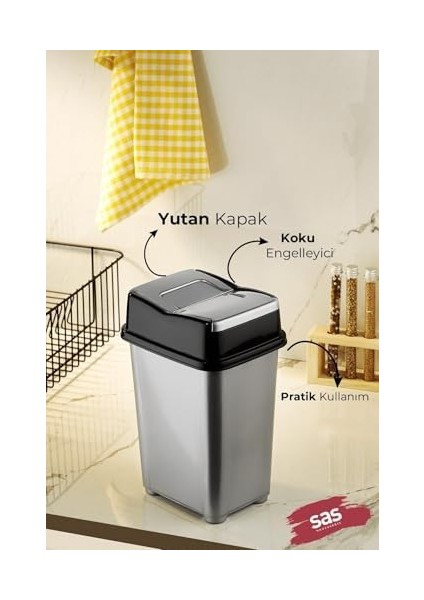 Haus Dolap Içi Çöp Kovası Pratik Kapak Banyo Mutfak Girdap Çöp Kovası Gri 5 Litre