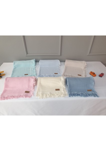 4 Katlı Müslin Bebek Battaniyesi - Püsküllü - 130X140 cm - Bebe Mavi modelleri