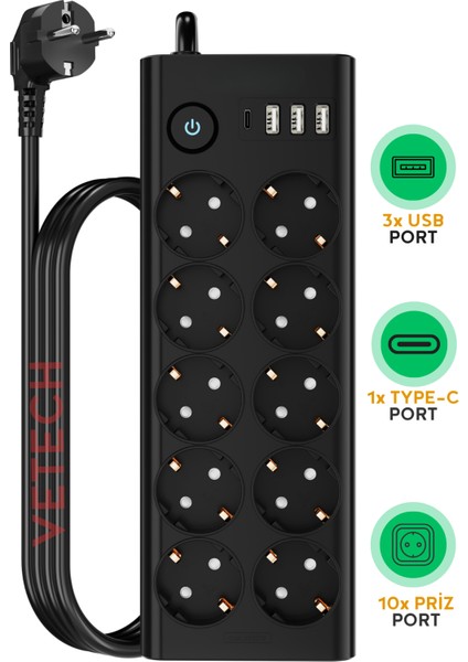 Akım Korumalı Priz 10X Priz / 3x USB / 1 Type-C Port Girişli 10'lu Priz