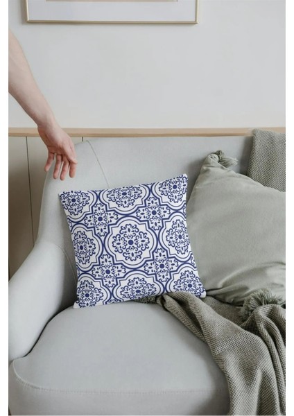Fermuarlı Tekli Mavi Desenli Çift Tarafı Baskılı 42X42CM Pamuk Dokuma Kırlent Yastık Kılıfı