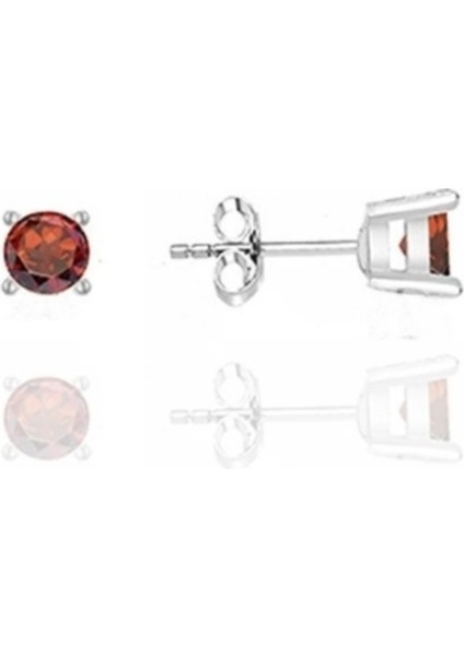 Işıltılı 925 Ayar Gümüş Garnet Kırmızı Taşlı Tek Taş Küpe 4 mm