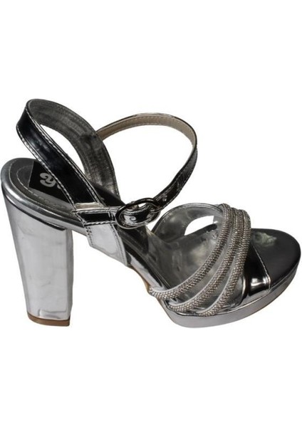 Yazkış Kadın Siyah Gümüş Rugan 3bantlı Taşlı 10CM Kalın Topuk 2cm Platform Topuk Abiye Ayakkabı fiyatları