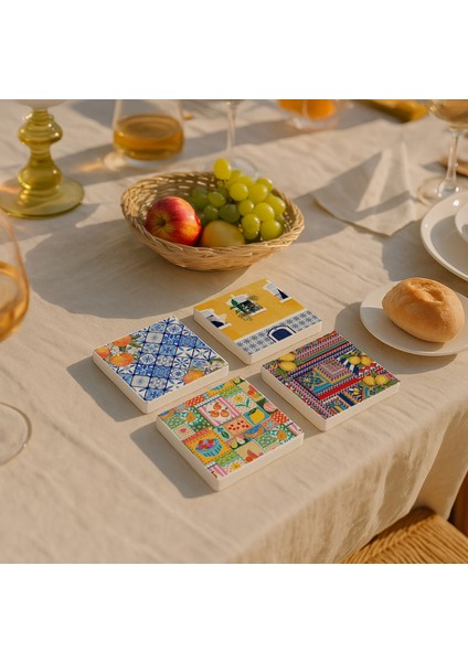 Italyan Mermeri ve Evleri Temalı Renkli Desenli Doğal Taş Bardak Altlığı Seti (4’lü)