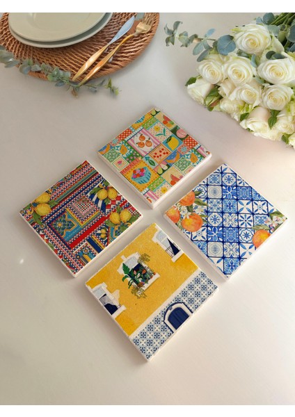Italyan Mermeri ve Evleri Temalı Renkli Desenli Doğal Taş Bardak Altlığı Seti (4’lü) fiyatları