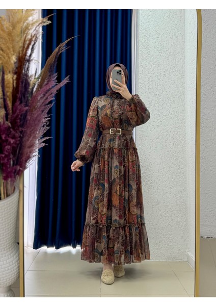 Sermora Desenli Şifon ELBISE-PA9645 Kahve
