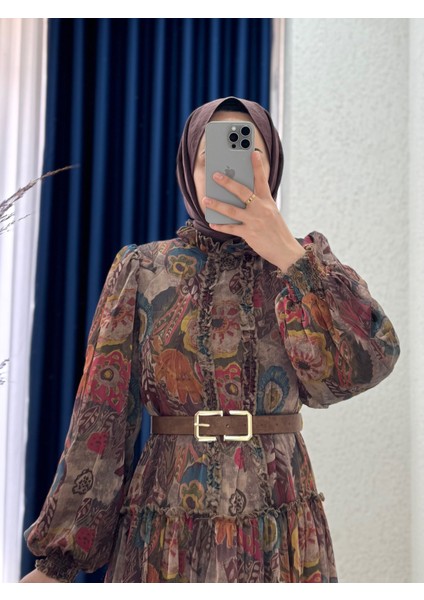 Sermora Desenli Şifon ELBISE-PA9645 Kahve