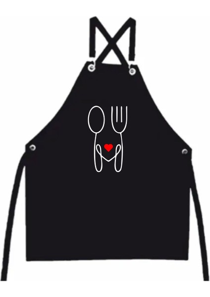 Siyah Kombin Masterchef Önlük, 85x70 cm, pamuk polyester, kalpli baskı