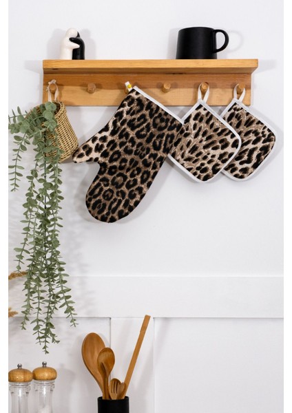 3'lü Fırın Eldiveni ve Tencere Tutacak Seti, 220°C Isıya Dayanıklı, Kahverengi Mat, 25x35 cm