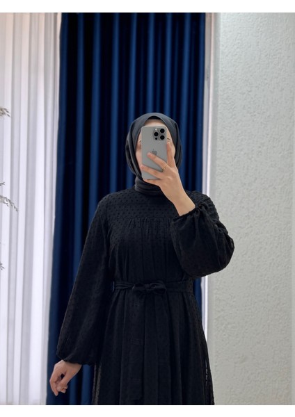 Yelmora Kesme Şifon Boydan Astarlı Hakim Yaka ELBISE-PA9425 Siyah