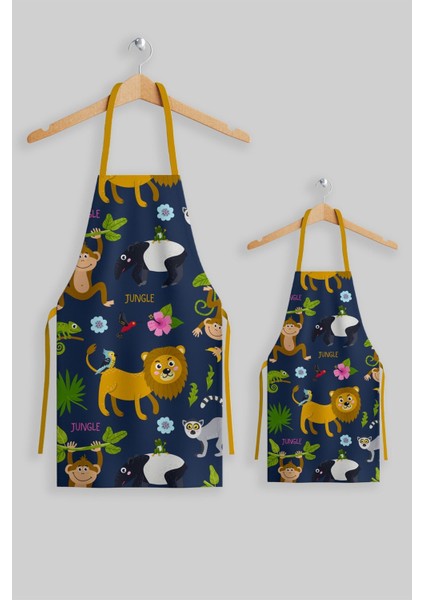 Sevimli aslan temalı çocuk mutfak önlüğü, 45x55 cm, koyu mavi renk