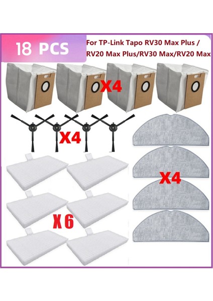 Tp-Link Tapo RV30 Max Plus / RV20 Max Plus / RV30 Max / RV20 Max Vakum Parçaları Filtreler Paspas Yan Fırça Toz Torbaları Için 18 Adet (Yurt Dışından)