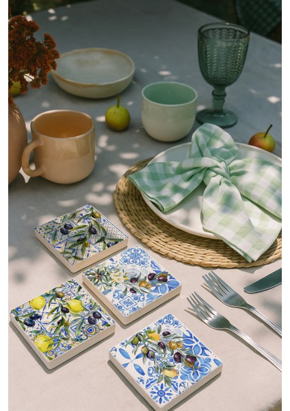 Ege Desenli Zeytin ve Limon Figürlü Doğal Taş Bardak Altlığı 4’lü Set