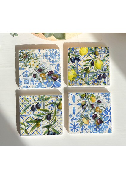 Ege Desenli Zeytin ve Limon Figürlü Doğal Taş Bardak Altlığı 4’lü Set fiyatları