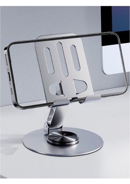Metalik Telefon ve Tablet Tutucu Stand - Atd-01 | 360 Derece Dönen, Katlanabilir ve Silikon Koruma