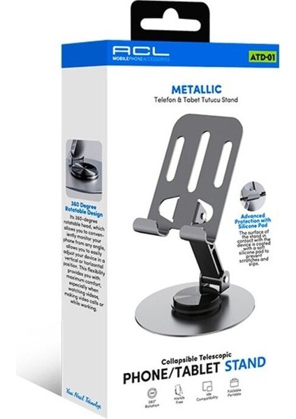 Metalik Telefon ve Tablet Tutucu Stand - Atd-01 | 360 Derece Dönen, Katlanabilir ve Silikon Koruma modelleri