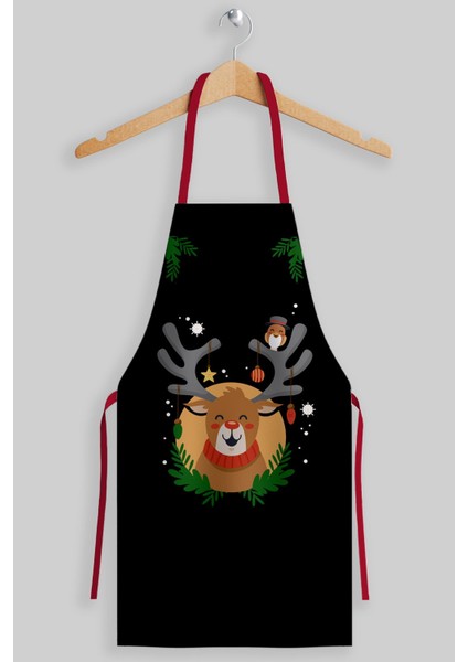 Siyah geyik desenli yılbaşı mutfak önlüğü, şık ve kullanışlı polyester materyal fiyatları