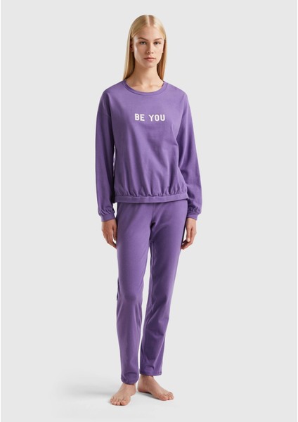 Kadın Mor Slogan Baskılı Pijama Takımı