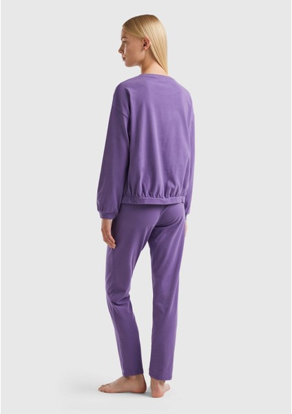 Kadın Mor Slogan Baskılı Pijama Takımı modelleri