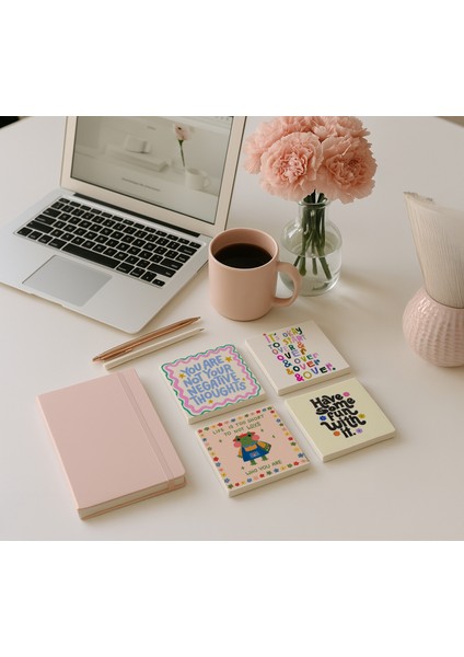 Motivasyon Desenli Taş Bardak Altlığı Seti, 4’lü, Doğal Traverten, Hediye, Sunum