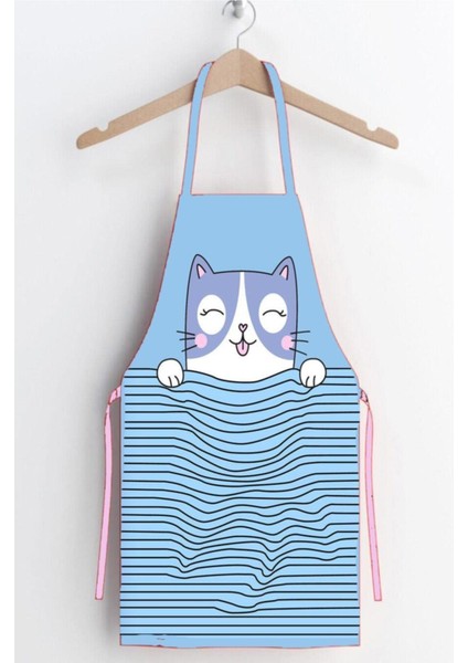 Mavi Kedi Desenli Leke Tutmaz Kumaş Mutfak Önlüğü 60x70
